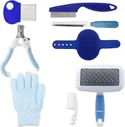 QGGTQG Rabbit Care Set 8 Pieces Small Animal Care Set with Trimmer Pet, Nail Clippers, File, Pet Massage, Bath Glove, Flea Comb for Cats, Puppies, Rabbits, Hamsters (Blue)