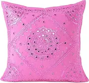 EYES OF INDIA - 16" Pink Mirror Embroidered Colorful Sofa Couch Pillow Cushion Cover Decorative Throw Indian Bohemian Boho *Cover Only*