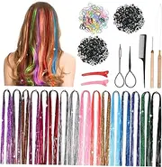 BESTYASH 1 Set Sparkling Hair Strands Tinsel Extension Kit with Styling Tools Color Glitter Hair Strings for Easy Application for Parties Special Occasions