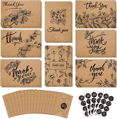 Paper Master 144 Bulk Thank You Cards, 4x6 inch Brown Kraft Note Cards with Enve