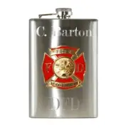 FREE ENGRAVING!~Hip flask with color firefighter emblem+GIFT BOX/2 CUPS/FUNNEL!
