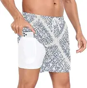 [GuoChe] Men's Swim Trunks Men 2 in 1 Workout Running Shorts French Farmhouse Grid Gray with Phone Pocket Training Shorts