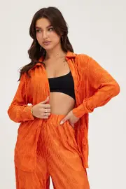 Orange Plisse Shirts Long Sleeve - Size 8, Women's Shirt