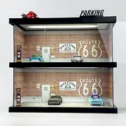 Hot Diecast Wheels Display Case - 1/64 Scale Die-cast Model Car Display Case with LED Light and Acrylic Cover, Wooden Parking Garage in 3 Floors with 10 Parking Spaces (2f-red)