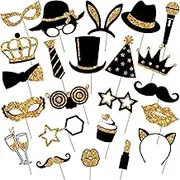 24 Pieces Party Photo Booth Props for Birthday Weddings Graduation Prom New Year Party Supplies Mix of Hats, Lipstick, Tie, Crowns (Golden)