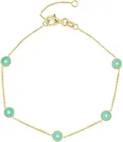 [JewelryWeb] 14k Yellow Gold Five Light Blue enamel Round Evil Eye Adjustable Bracelet 18 Centimeters Link-Bracelet for Women