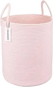 XUANGUO Cotton Rope Laundry Basket Hamper for Girls Kids Baby Nursery Hamper Bin Woven Storage Basket for Living Room Girls room Boho Tall Rope Baskets for Blanket Toys Large light pink