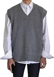 [SWJGLITTR] Mens V-Neck Knitted Sleeveless Wool Blend Knit Sweater Vest Solid Plain Loose Pullover Vests, Grey, Large