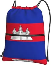 EdWal Cambodia Flag Print Drawstring Backpack Gym Bags Sports Bags With Zipper Pocket For Travel Swimming Beach, Black, One Size