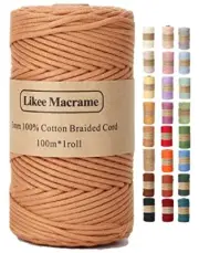 Braided Macrame Cotton Cord 3mm x 109yards,Macrame Rope, 100% 1 Skein Camel