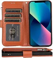 Cavor for iPhone 14 Case,PU Leather Zip Pocket Wallet Flip Cover Case Magnetic Closure Book Design with Kickstand Feature & Card Slots Compatible with iPhone 14(6.1")-Brown