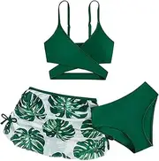 [COOLOYA] Girl's 3 Piece Set Leaf Print Criss Cross Bikini Sets Bathing Suit