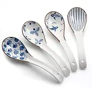 AOOSY Asian Soup Spoon, 6.3 inch Ceramic Chinese Soup Spoons, White and Brown Edge Japanese Style Soup Spoon for Ramen Noodles Pho Wonton Soup Miso Dumpling Rice, Set of 4
