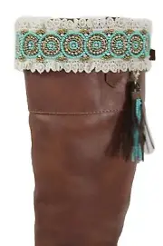 Women Turquoise Blue Gold Beaded Native Boot Topper White Lace Pair Brown Fringe