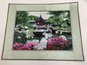 Vintage Oriental Asian Art Silk Thread Embroidery Needlework River Temple Rare