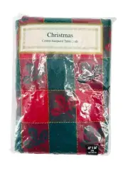 Vintage Holly Holiday Tablecloth Oval 60x84 Cotton Jacquard Red Green Gold Plaid