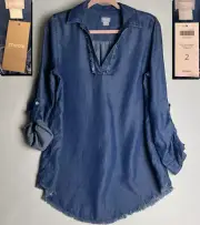 NWT CHICOS MOONLIT WASH BLUE DENIM RAW FRINGE TRIM V NECK SHIRT TUNIC TOP 2 12 L