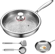 Titanium Hammered Pan Pro with Lid, 2025 Ultra-Durable Pure Titanium Non-Stick Frying Pan with Cooking Spatula and Pot Brush, Even Heating, Hammered Pattern (XL)