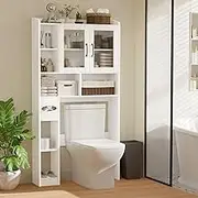 PETKABOO Over The Toilet Storage Cabinet with Acrylic Glass Door and Toilet Paper Holder, Freestanding Over The Toilet Storage Shelf for Bathroom, Laundry (White)