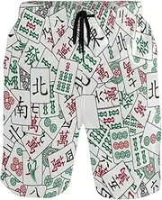 [GuoChe] Men's Novelty Beach Shorts Mahjong Quick Dry Beachwear Holiday Beach Short Pants with Mesh Lining