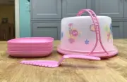 Tupperware Tuppertoy Barbie Mini Cake Taker, 4-Plates & Cake Server-NEW-SHIP INC