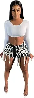 [Generic] Women Mid Rise Straps Sexy Cut Off Fashion Lace Up Stretch Denim Pants High Waist Distressed Jean Short