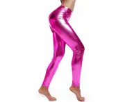 DELUXE METALLIC LEGGINGS Shiny Neon Stretch Dance Costume Fancy Dress Party - Hot Pink