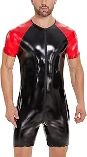 [xokesy] Men Shiny Leather Bodysuit, Sexy Zipper Open Crotch, Latex Leotard Crotchless