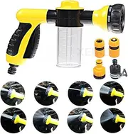 Garden Foam Water Spray, 8 Adjustable Splash Patterns High Pressure Washing Tool, Water Gun Nozzle with Reservoir, Press Type Water Gun for Car Washing Pet Showering Watering Lawn Gardening (Yellow)