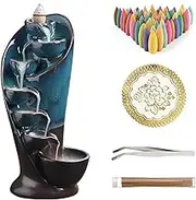 YYW Backflow Incense Burner Holder Handmade Statue Decor Fountain Waterfall Incense Holder with 20 Backflow Incense Cones 30 Incense Sticks 1 Tweezer 1 Mat for Indoor Meditation Yoga (Blue)