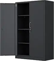 iJINGUR Metal Storage Cabinet with Locking Doors and 3 Adjustable Shelves, Lockable Steel Storage Cabinets for Home Office and Garage (Black)
