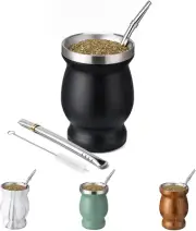 304 Stainless Steel Yerba Mate Cup 8Oz W/ 2 Bombillas & Brush - Black