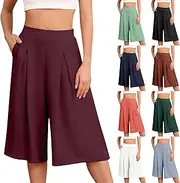 [Generic] Women's Wide Leg Capri Pants with Pockets Lightweight High Waisted Loose Trouser Summer Dress Pants for Women