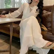 Long-Sleeve V-Neck Plain Maxi A-Line Dress Off-White - L