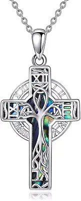 Cross Necklace 925 Sterling Sliver Abalone Shell Tree of Life Pendant Jewelry