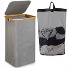 Large Bamboo Laundry Basket with Lid Foldable Washing Clothes Hamper Basket Bin