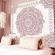 Atrippy Boho Pink Mandala Wall Tapestry for Bedroom, White and Pink Aesthetic Tapestry Room Decor for Teen Girls, Art Floral Wall Hanging for College Dorm (51''x60'')