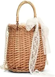 [Generic] Wicker Basket Bag Drawstring Handwoven Rattan Bag with Pearl Chain Woven Handbag Crossbody Shoulder Bag Bucket Bag for Women Travel Vacation