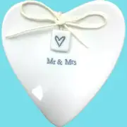 East Of India Mr & Mrs Wedding Ring Holder Dish W/ Heart Dangle