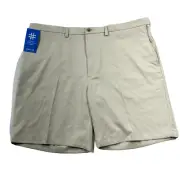 Haggar Cool 18 Pro Shorts Men 44 Tan Beige Gripper Waist Flat Front UV Quick Dry