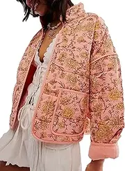 [Nicfazy] Womens Cropped Floral Puffer Jacket Lightweight Open Front Long Sleeve Padded Quilted Coat with Pockets