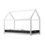 Oikiture Kids Bed Frame With Single Mattress Set House Style White