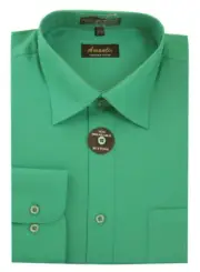 Mens Dress Shirt Plain Emerald Green Modern Fit Wrinkle-Free Cotton Blend Amanti