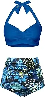 [Holipick] Women High Waisted Bikini Set Two Piece Tummy Control Swimsuit Halter Top with Shorts Bathing Suit Vintage Swimwear