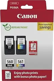 Canon PG-560 CL-561 Value Pack 2 Ink Cartridges (Black + Colour) Original + 50 Sheets 10 x 15 cm Photo Paper [Environmentally Friendly Recycled Cardboard Packaging 2024]