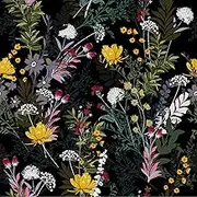 VEELIKE Black Wildflowers Floral Wallpaper Peel and Stick Mural 17.7''x118'' Removable Vintage Dark for Bedroom Self Adhesive Vinyl Contact Paper Walls Cabinets Shelves Multicolor