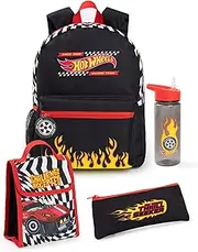 Hot Wheels Boys Backpack Set | Kids 4 Piece Black Rucksack Bundle with School Bag, Pencil Case, Lunch Bag & Water Bottle | Fire Finish Line Graphic Complete Matching Set | Back to School Gifts, Black