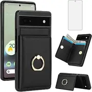 Asuwish Phone Case for Google Pixel 6A 5G 2022 Cover with Tempered Glass Screen Protector and RFID Card Holder Slot Kickstand Ring Cell Accessories Wallet Flip Mobile Pixel6A A6 Women Men Black