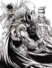 Batman, Robin, Spawn. Original, B/W, comic art, pin-up, drawing by Calvin Henio.