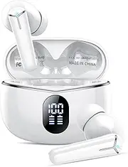 Bluetooth 5.3 Headphones with 4 ENC Noise Cancelling Mic, 40H Playtime, Wireless Earbuds in ear Earphones Deep Bass Stereo, LED Display, IP7 Waterproof, Elegant White